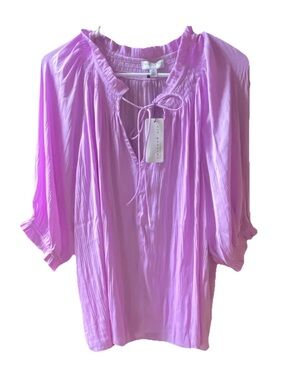 NWT Current Air Angelica Pleated Blouse Lilac Puff Sleeve Tie Neck Top Size XL